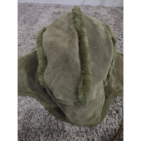 Vintage Gap Distressed Sherpa Fleece Lined Suede Leather Trapper Hat Green S/M - Picture 8 of 8